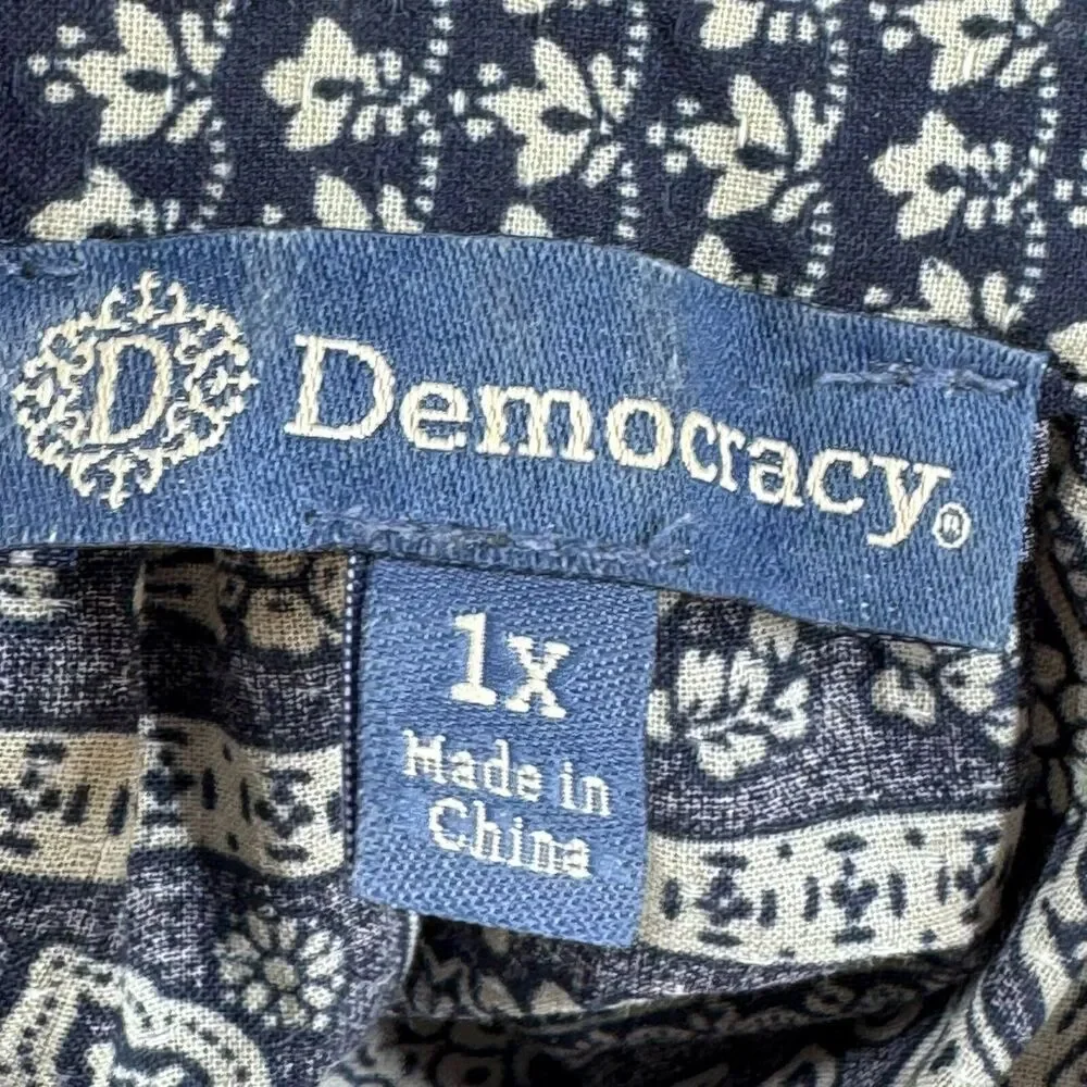 Democracy Top Patchwork Paisley Print Women Sze 1X Blue 3/4 Sleeve Blouse Boho - Picture 5 of 10